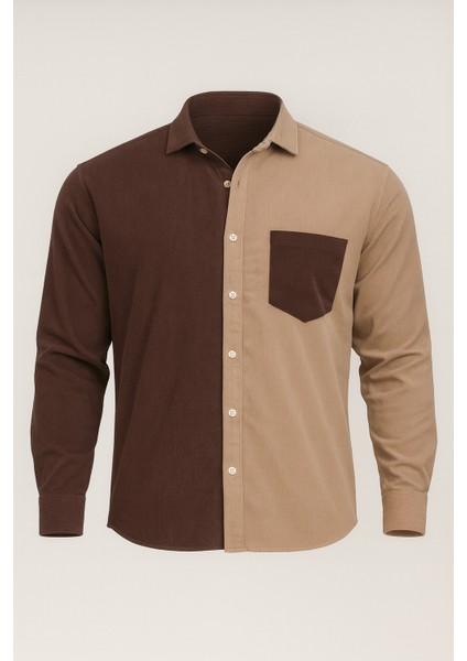 Kontrast Çift Renk Fitilli Kadife Gömlek - Kahve