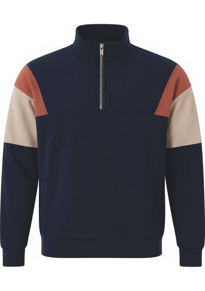 Oversize Erkek Kolları Garnili Selanik Örme Erkek Sweatshirt - Lacivert