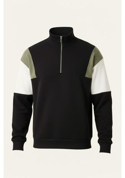 Oversize Erkek Kolları Garnili Selanik Örme Erkek Sweatshirt - Siyah