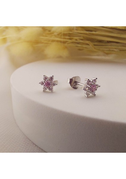 925 Ayar Gümüş Pembe Taşlı Minimal Lotus Küpe modelleri