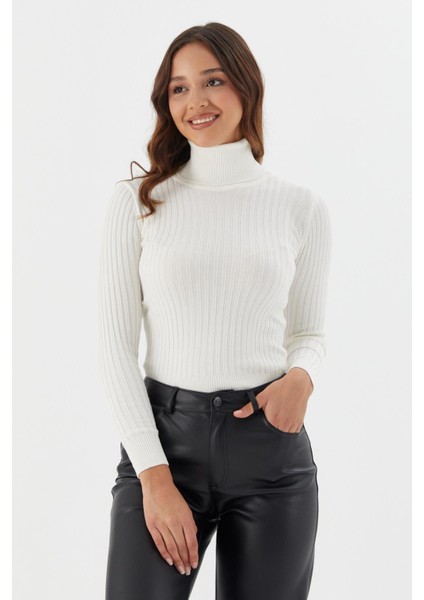 Boğazlı Fitilli Kazak Ekru