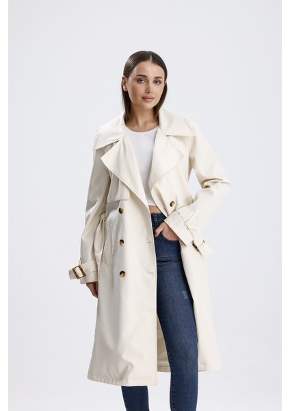Ekru Klasik Kuşaklı Astarlı Trençkot fiyatları