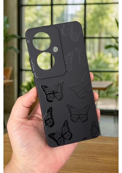 Oppo Reno 11F Uyumlu Siyah Kelebek Desenli Silikon Darbe Emici Klasik Korumalı Rubber Kılıf