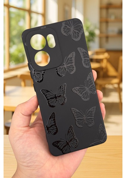 Oppo Reno 13 F Uyumlu Siyah Kelebek Desenli Silikon Darbe Emici Klasik Korumalı Rubber Kılıf