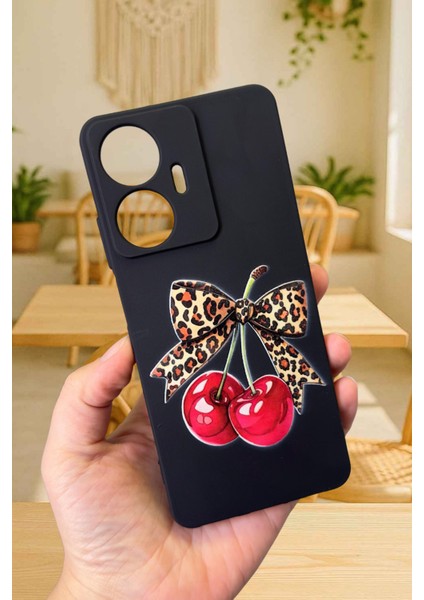Realme C55 Uyumlu Kiraz Leopar Fiyonk Desenli Silikon Darbe Emici Klasik Korumalı Rubber Kılıf