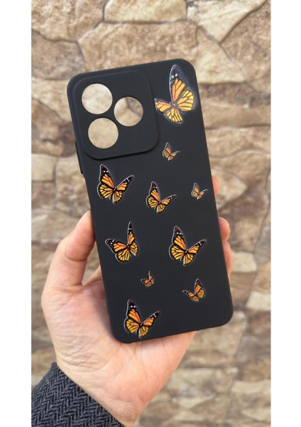 Realme C63 Uyumlu Turuncu Kelebek Desenli Silikon Darbe Emici Klasik Korumalı Rubber Kılıf