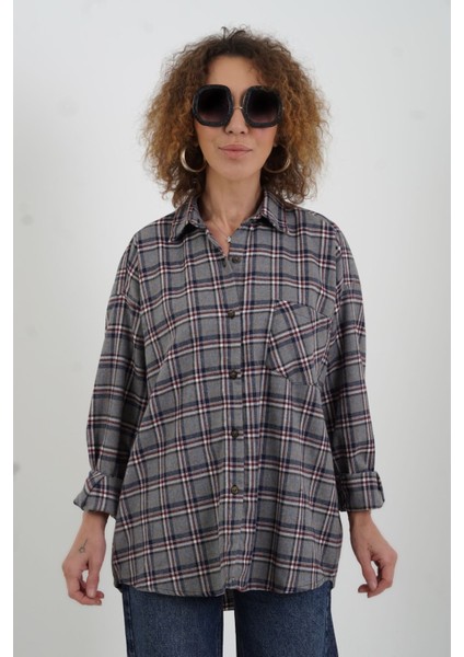 Gri Ekose Oversize Gömlek modelleri