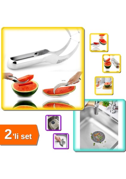 Pratik Karpuz Dilimleyici + Yuvarlak Süzgeçli Silikon Gider Süzgeci 2li Set - PLX872