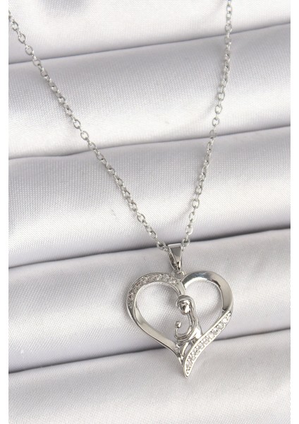 Bfs 316L Çelik Gümüş Renk Zincir Zirkon Taş Detaylı Kalp Model Kadın Kolye