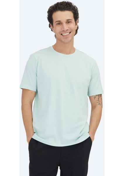 Açık Yeşil Düz Bisiklet Yaka %100 Pamuk T-Shirt