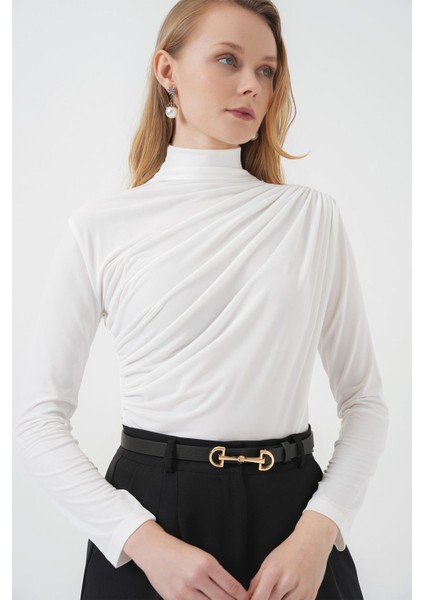 Kadın Bdart Drape Detaylı Vücuda Oturan Dik Yaka Bluz Beyaz modelleri