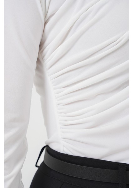 Kadın Bdart Drape Detaylı Vücuda Oturan Dik Yaka Bluz Beyaz