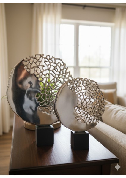 Yarım Hayat Ağacı Metal Dekor – Mermer Kaideli Gümüş Renkli Obje Seti (50 cm & 40 Cm) fiyatları