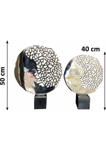 Yarım Hayat Ağacı Metal Dekor – Mermer Kaideli Gümüş Renkli Obje Seti (50 cm & 40 Cm) modelleri
