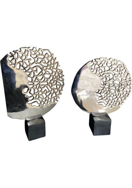Yarım Hayat Ağacı Metal Dekor – Mermer Kaideli Gümüş Renkli Obje Seti (50 cm & 40 Cm)