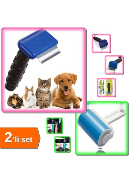 Kedi + Köpek Tüy Toplama Tarağı Kaşıma Aparatı 4-5 cm + Tüy ve Toz Toplama Rulosu 2li Set Z9X4A1