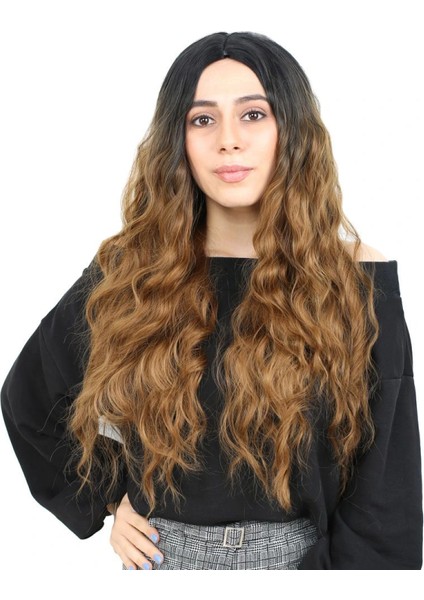 Fiber Sentetik Uzun Su Dalgası Peruk - Siyah / Karamel Ombreli fiyatları
