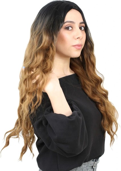 Fiber Sentetik Uzun Su Dalgası Peruk - Siyah / Karamel Ombreli modelleri