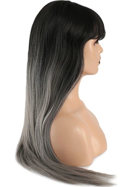 Fiber Sentetik Uzun Düz Kahküllü Peruk - Siyah Gri Ombreli modelleri