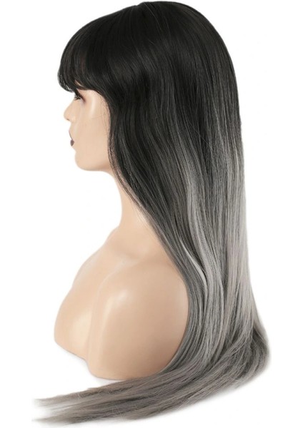 Fiber Sentetik Uzun Düz Kahküllü Peruk - Siyah Gri Ombreli fırsatları