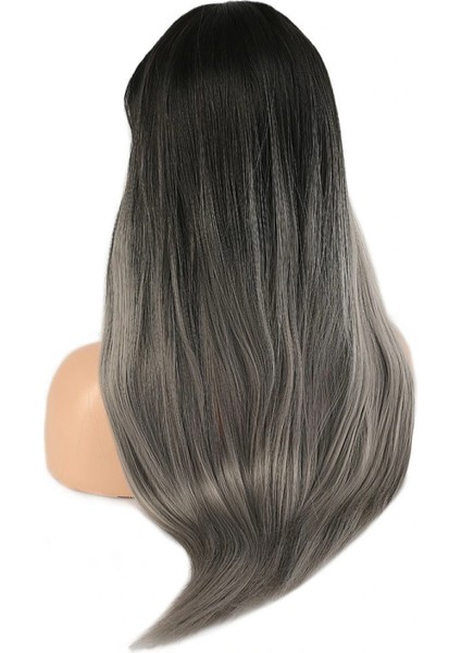 Fiber Sentetik Uzun Düz Kahküllü Peruk - Siyah Gri Ombreli indirimleri