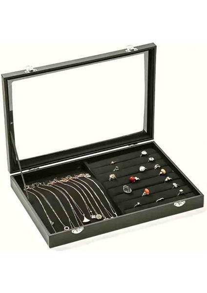 Cam Kapaklı, Deri Kaplama, Yüzük, Küpe, Kolye Takı Kutusu