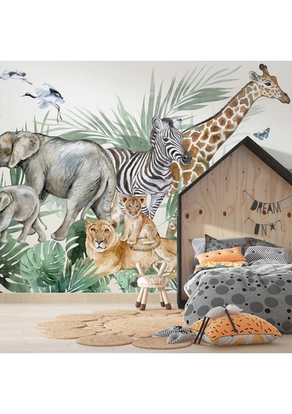 3D Hayvanat Bahçesi Tek Parça Duvar Kağıdı -Isı ve Ses Yalıtımı Yırtılmaz