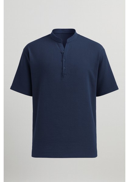 Wes Oversize Yarım Pat Bambu Kısa kol Gömlek - Lacivert