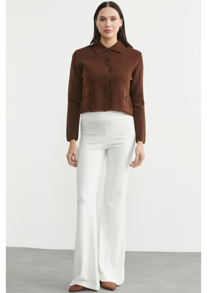 Düğmeli Cep Detaylı Triko Ceket - Kahve