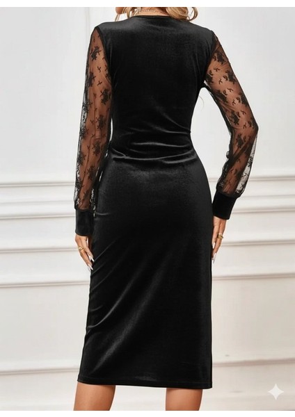 Kadın Uzun Kollu Kruvaze Yakalı Yandan Düğmeli Önden Çapraz Kesin Detaylı Midi Kadife Elbise modelleri