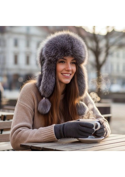 Hakiki Deri Gerçek Tilki Kürklü Ushanka Şapka Kalpak Erkek Kadın Şapka Bere Boz Renklii