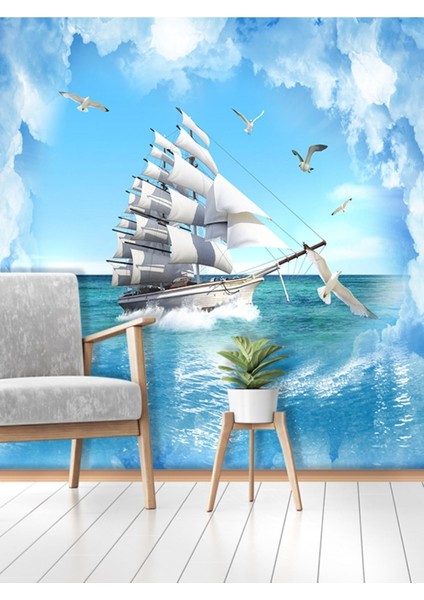 Denizde Tekne Desenli Isı ve Ses Yalıtımlı Sağlıklı Tekstil Duvar Kağıdı