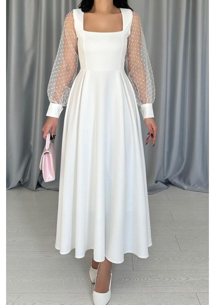 Beyaz Kolları Organze Kuplu Elbise modelleri