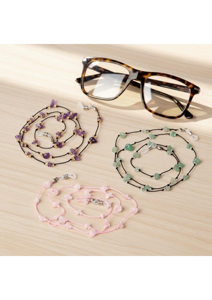 Üçlü Doğal Taş Gözlük Askısı Seti – Ametist, Pembe Kuvars ve Aventurin Gözlük Ipi