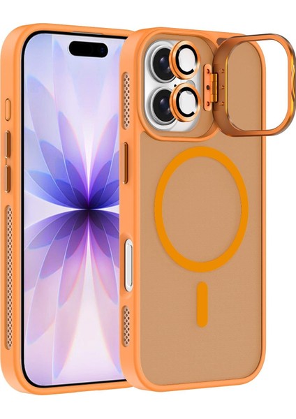 Apple iPhone 17 Lens Hediyeli Kapak Kamera Korumalı Wireless Şarj Özellikli Standlı Premium Kılıf - Turuncu fiyatları