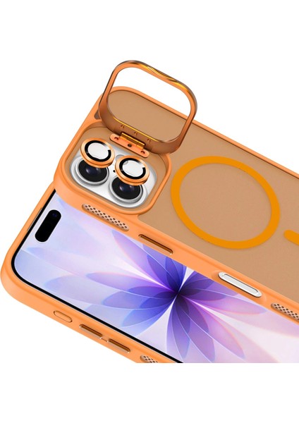 Apple iPhone 17 Lens Hediyeli Kapak Kamera Korumalı Wireless Şarj Özellikli Standlı Premium Kılıf - Turuncu modelleri