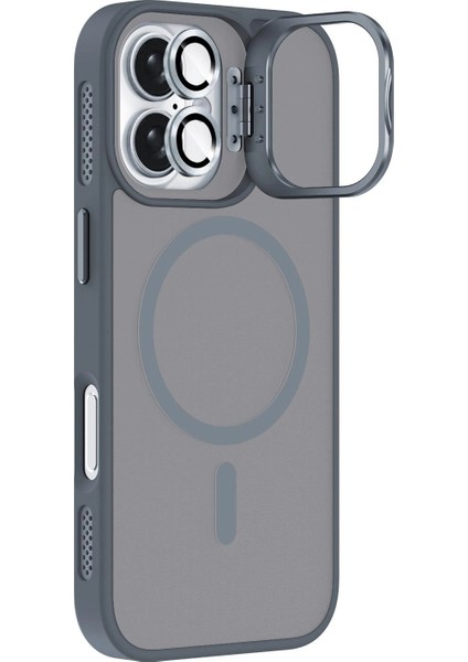 Apple iPhone 17 Lens Hediyeli Kapak Kamera Korumalı Wireless Şarj Özellikli Standlı Premium Kılıf - Titanyum Gri