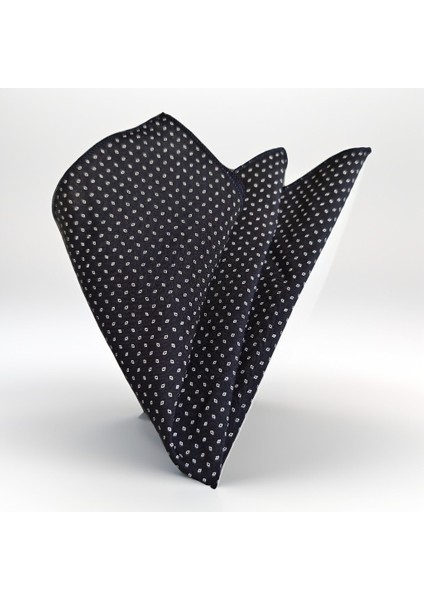 Lacivert Beyaz Geometrik Desenli %100 Pamuk Cep Yaka Mendili