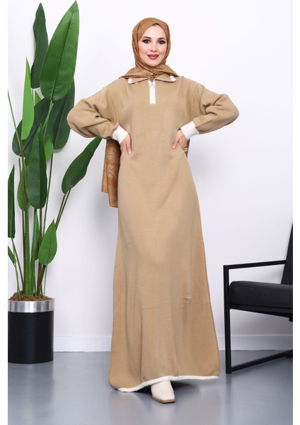 Vizon Gömlek Yaka Fermuarlı Triko Elbise