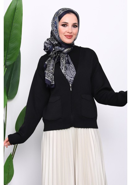 Siyah Çift Cepli Fermuarlı Triko Hırka