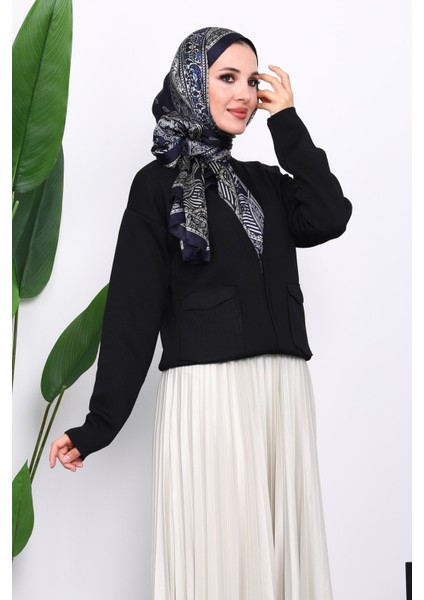 Siyah Çift Cepli Fermuarlı Triko Hırka modelleri