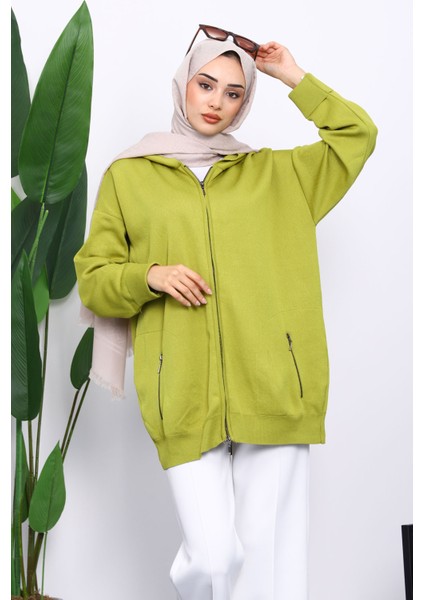 Yağ Yeşili Çift Cepli Fermuarlı Triko Hırka