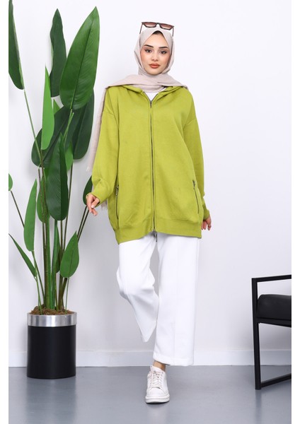 Yağ Yeşili Çift Cepli Fermuarlı Triko Hırka fiyatları