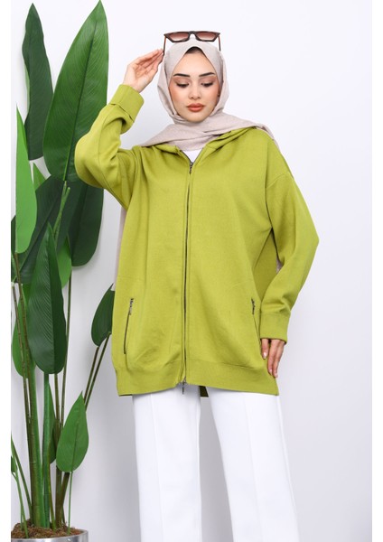Yağ Yeşili Çift Cepli Fermuarlı Triko Hırka modelleri