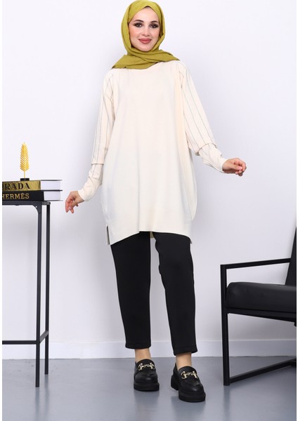 Krem Bisiklet Yaka Taşlı Triko Tunik fiyatları