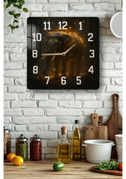 Işıklı Fil Temalı Temperli Cam Kare Saat 33X33 cm Ebadında Uv Baskı - KCS091