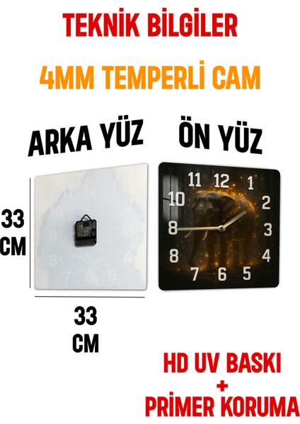 Işıklı Fil Temalı Temperli Cam Kare Saat 33X33 cm Ebadında Uv Baskı - KCS091