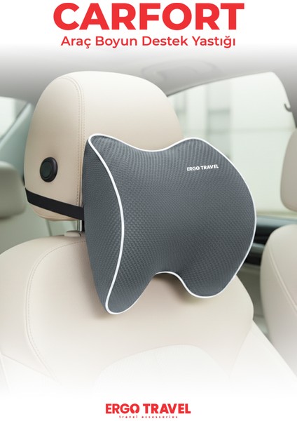 Carfort Büyük Visco Araç Boyun Yastığı – Ortopedik Oto Koltuk Boyun Desteği Gri - Ergo Travel