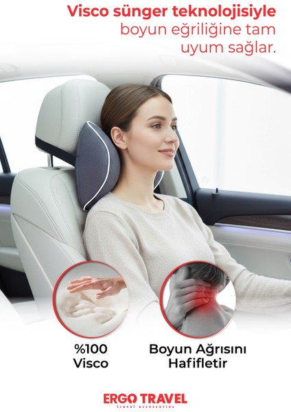 Carfort Büyük Visco Araç Boyun Yastığı – Ortopedik Oto Koltuk Boyun Desteği Gri - Ergo Travel fiyatları