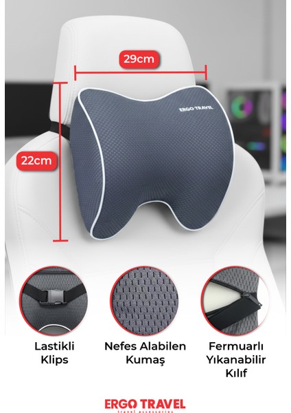 Carfort Büyük Visco Araç Boyun Yastığı – Ortopedik Oto Koltuk Boyun Desteği Gri - Ergo Travel indirimleri
